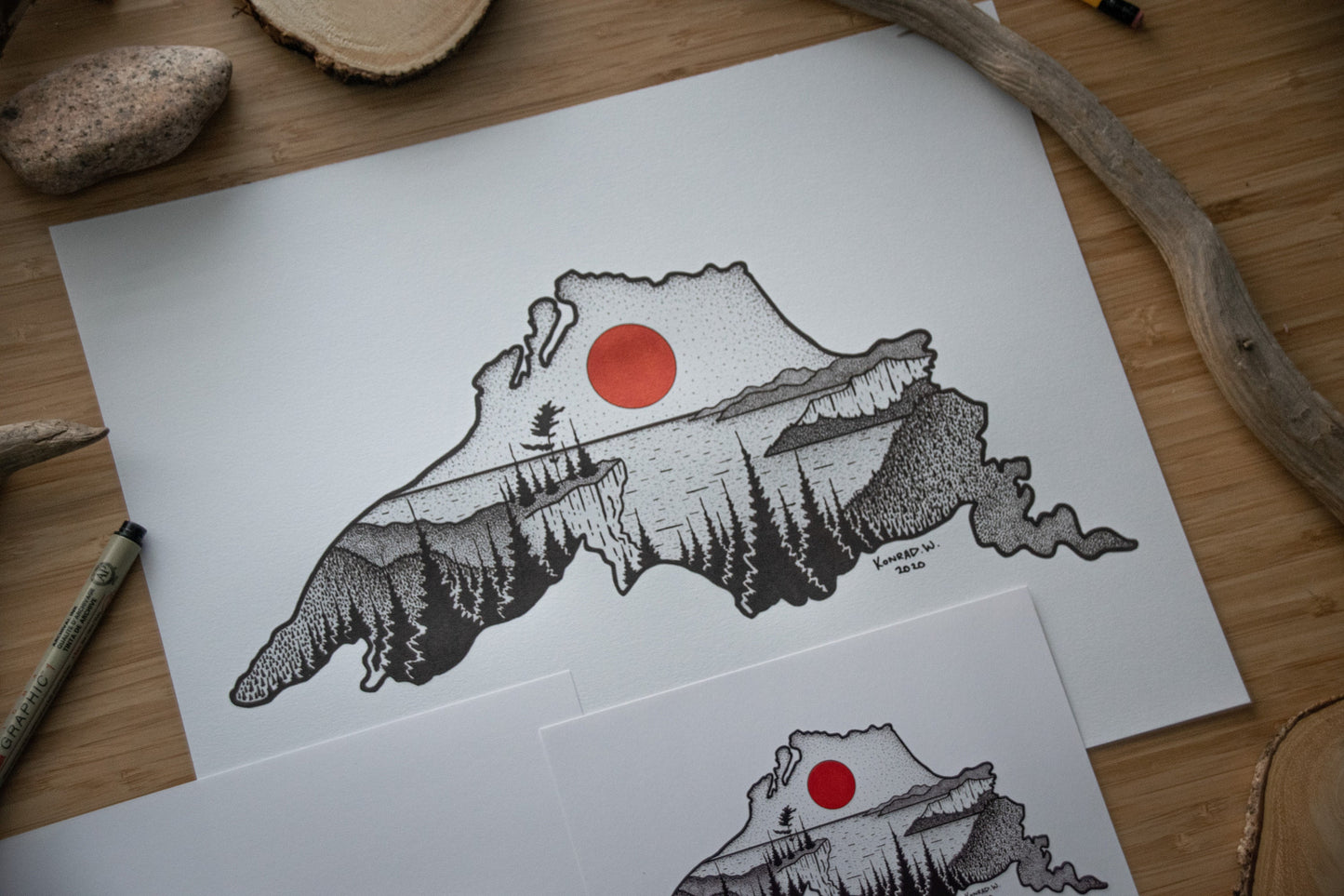 Lake Superior Silhouette - Pen and Ink PRINT - (2020 Design)