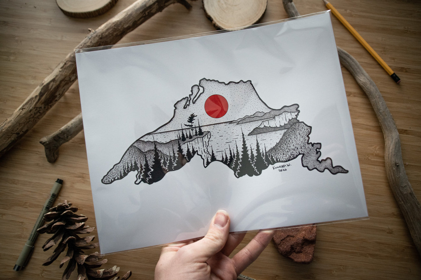 Lake Superior Silhouette - Pen and Ink PRINT - (2020 Design)