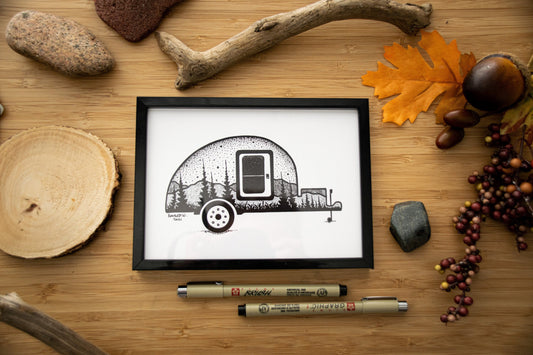 Teardrop Camping Trailer - Pen and Ink PRINT