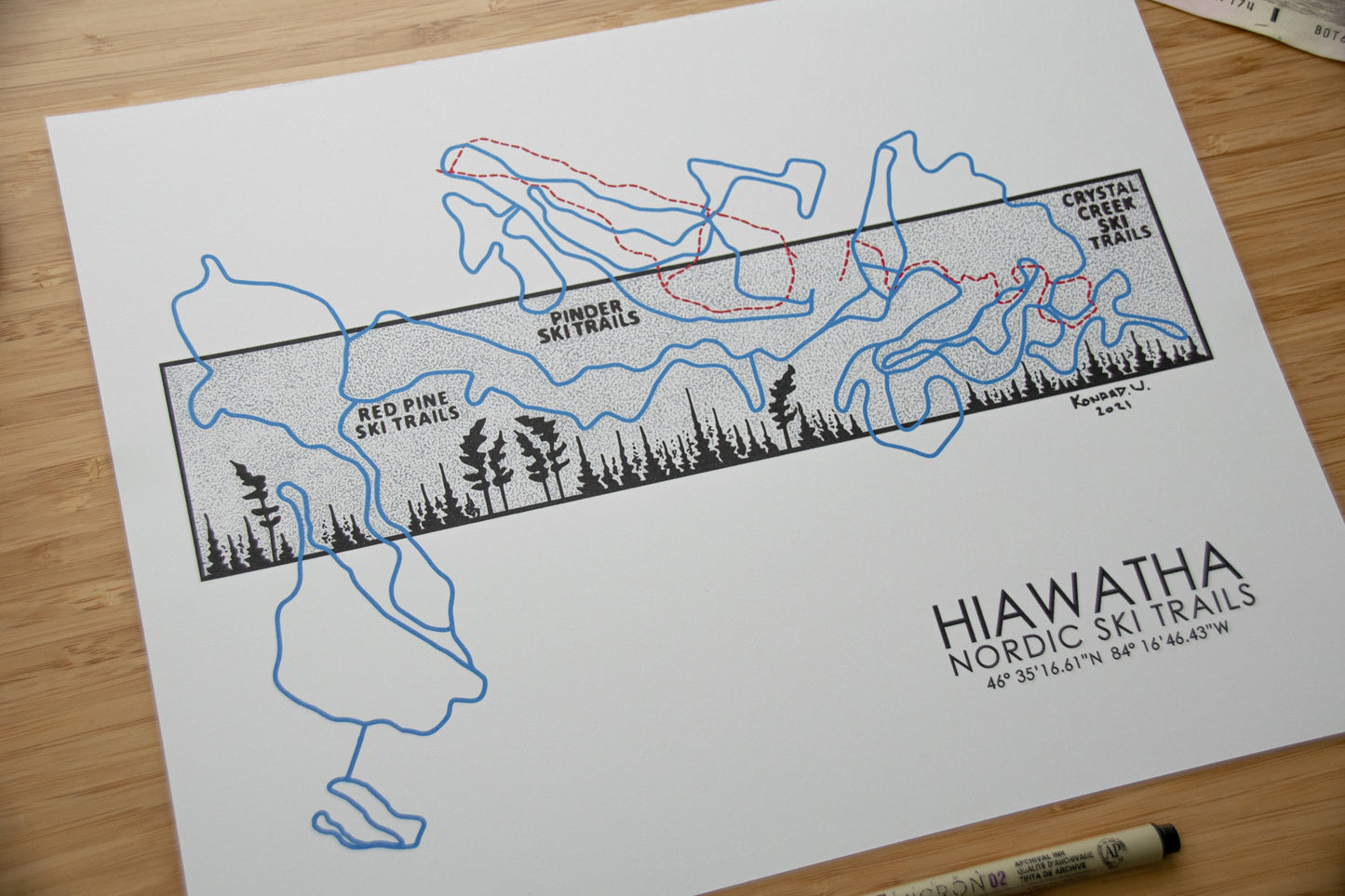 Hiawatha Nordic Ski Trail Map - Pen and Ink PRINT