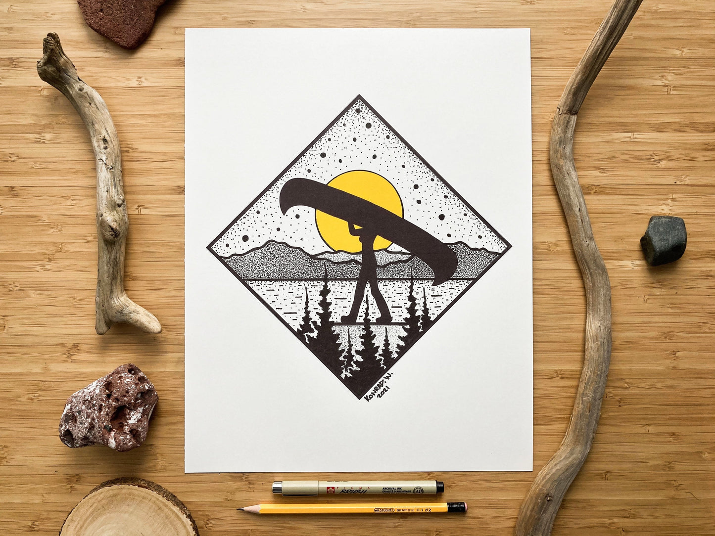 Canoe Portage Female - Pen and Ink PRINT