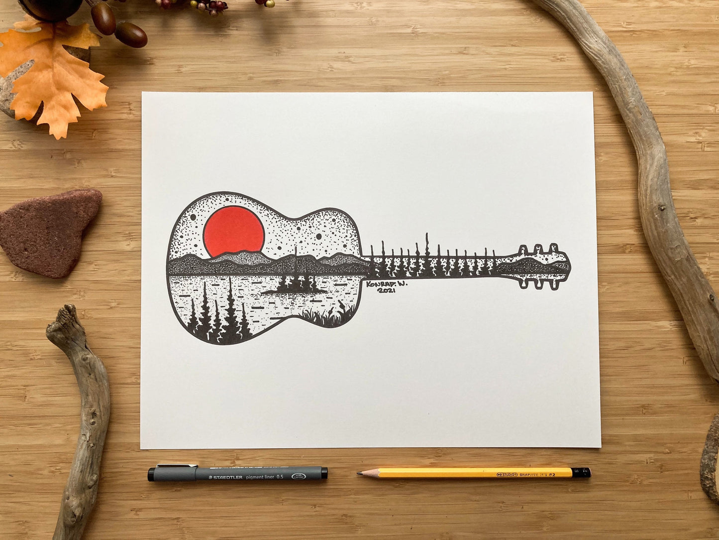 Guitar Silhouette - Pen and Ink PRINT