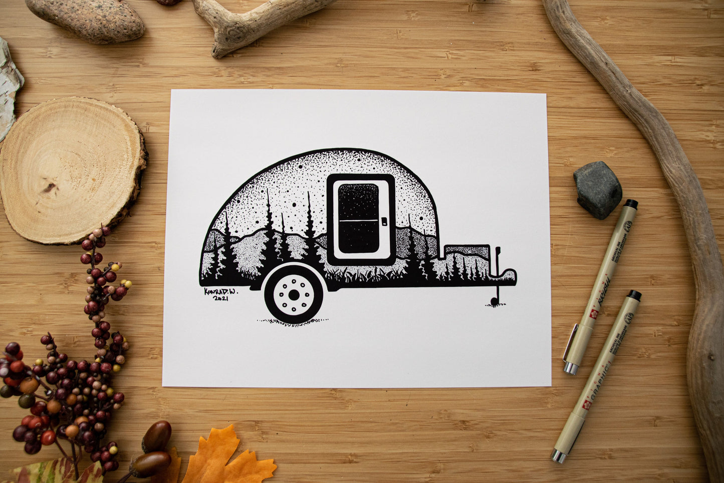 Teardrop Camping Trailer - Pen and Ink PRINT