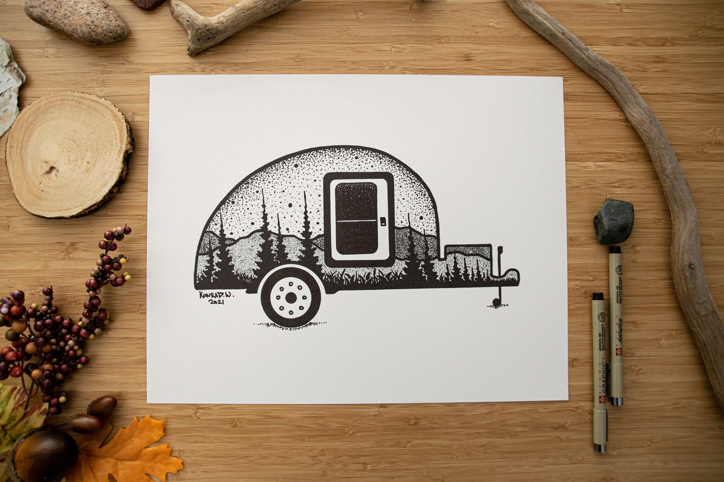 Teardrop Camping Trailer - Pen and Ink PRINT