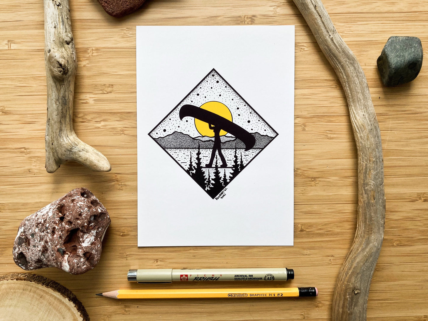 Canoe Portage Female - Pen and Ink PRINT