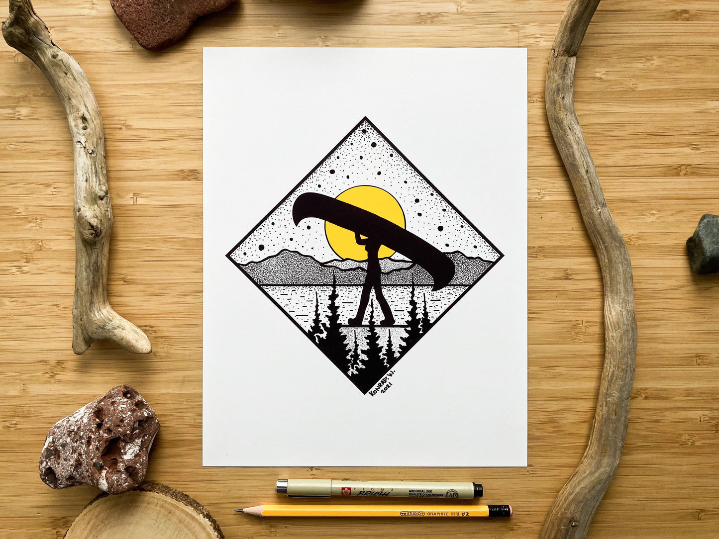 Canoe Portage Female - Pen and Ink PRINT