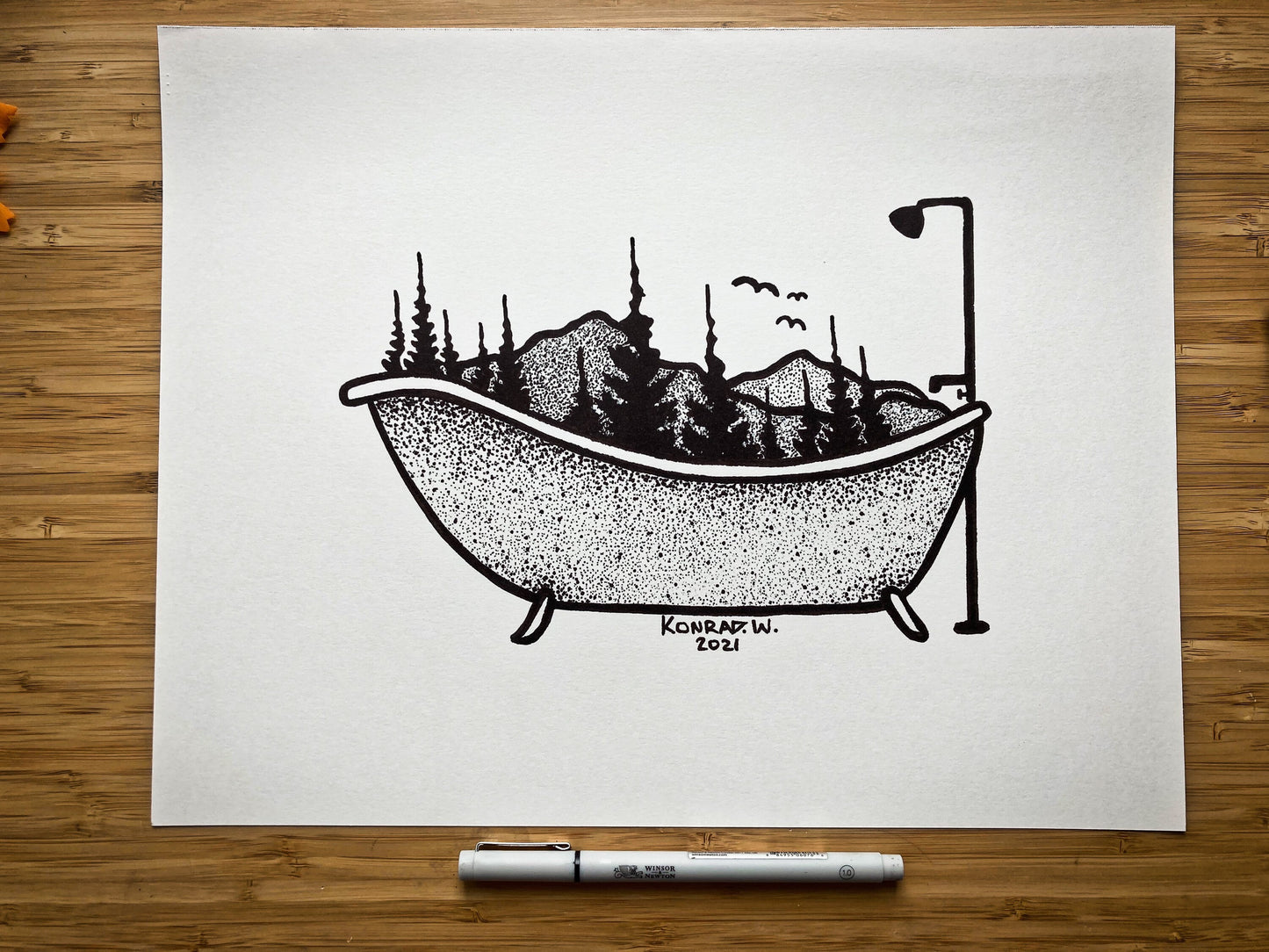 Clawfoot Bathtub - Nature Themed Pen and Ink PRINT