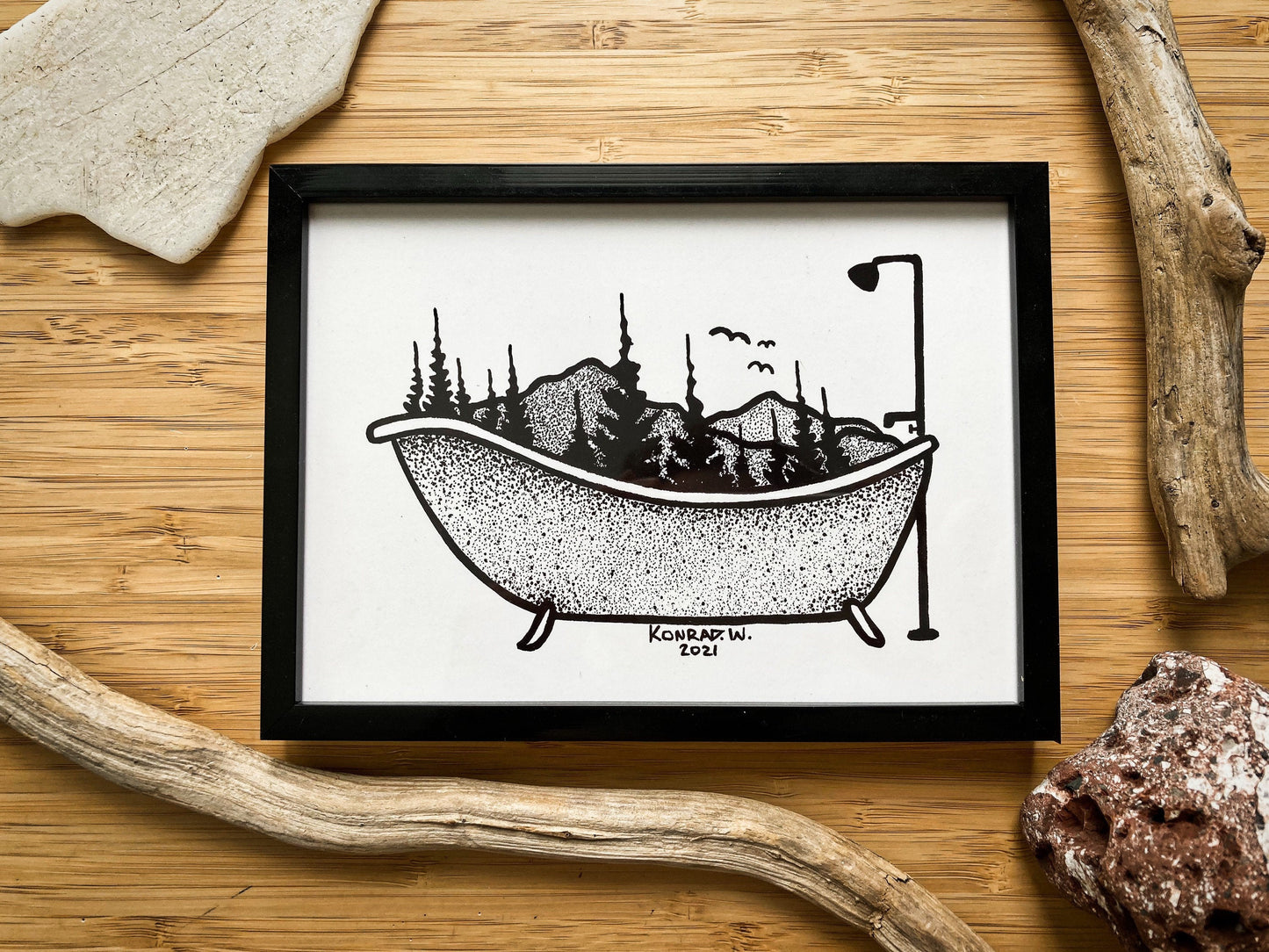 Clawfoot Bathtub - Nature Themed Pen and Ink PRINT