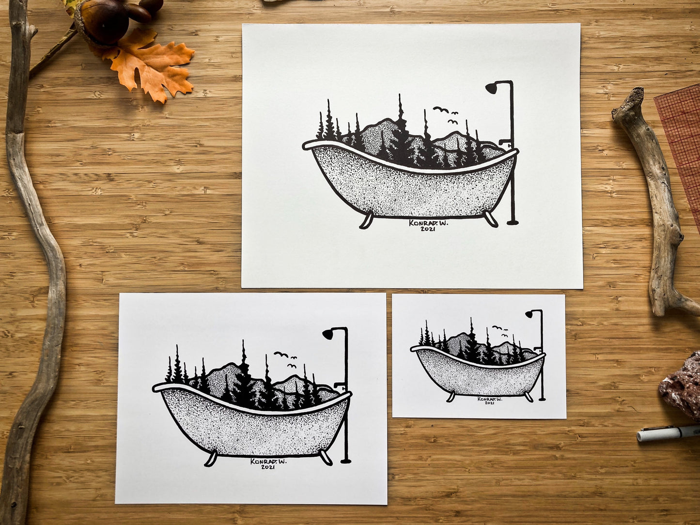 Clawfoot Bathtub - Nature Themed Pen and Ink PRINT