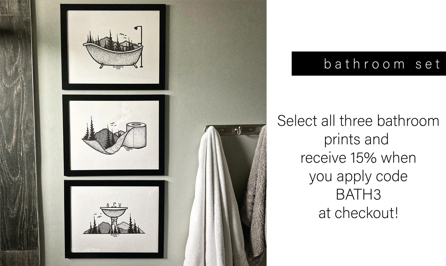 Clawfoot Bathtub - Nature Themed Pen and Ink PRINT