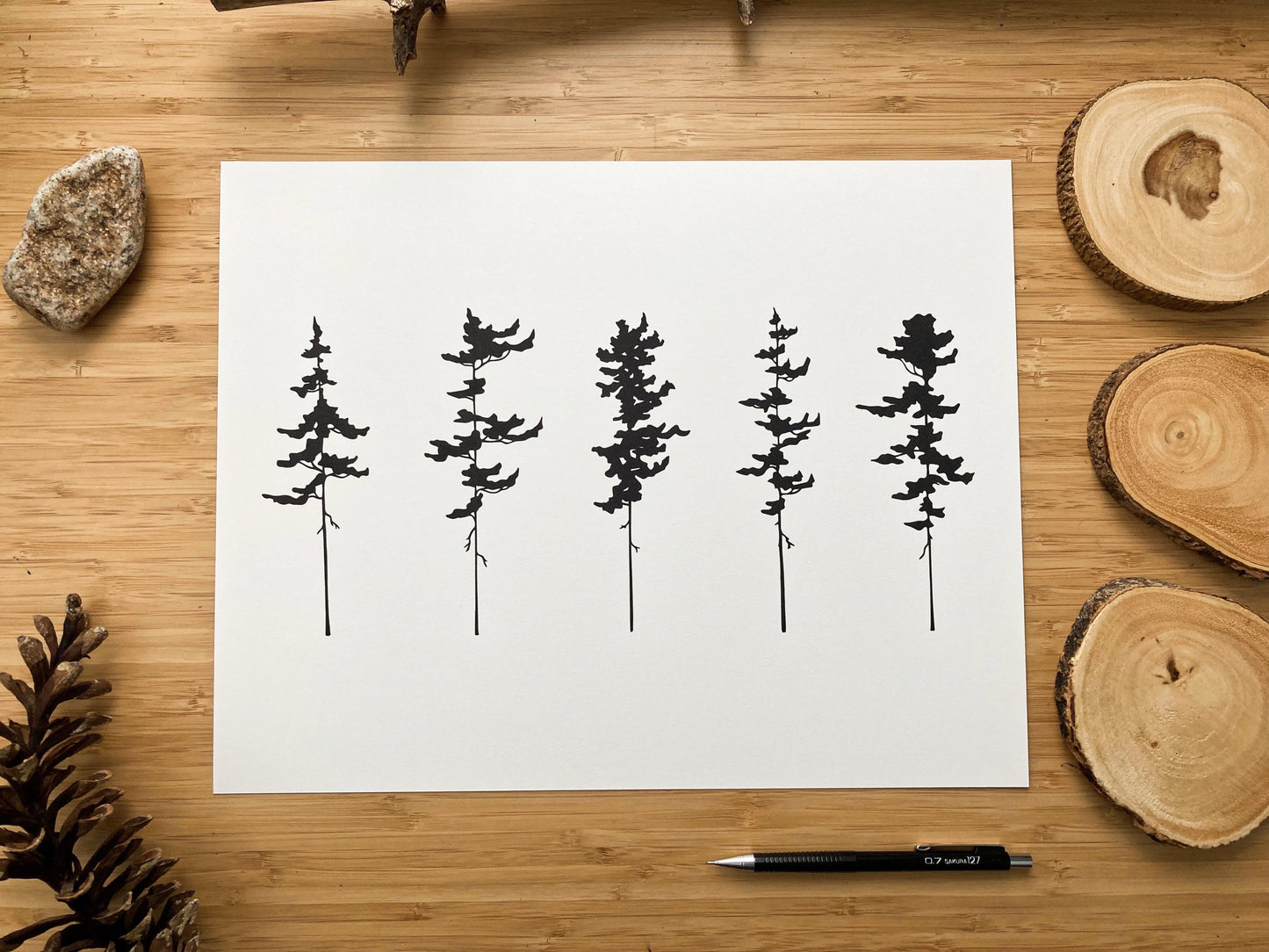 5 Pine Trees - Pen and Ink PRINT