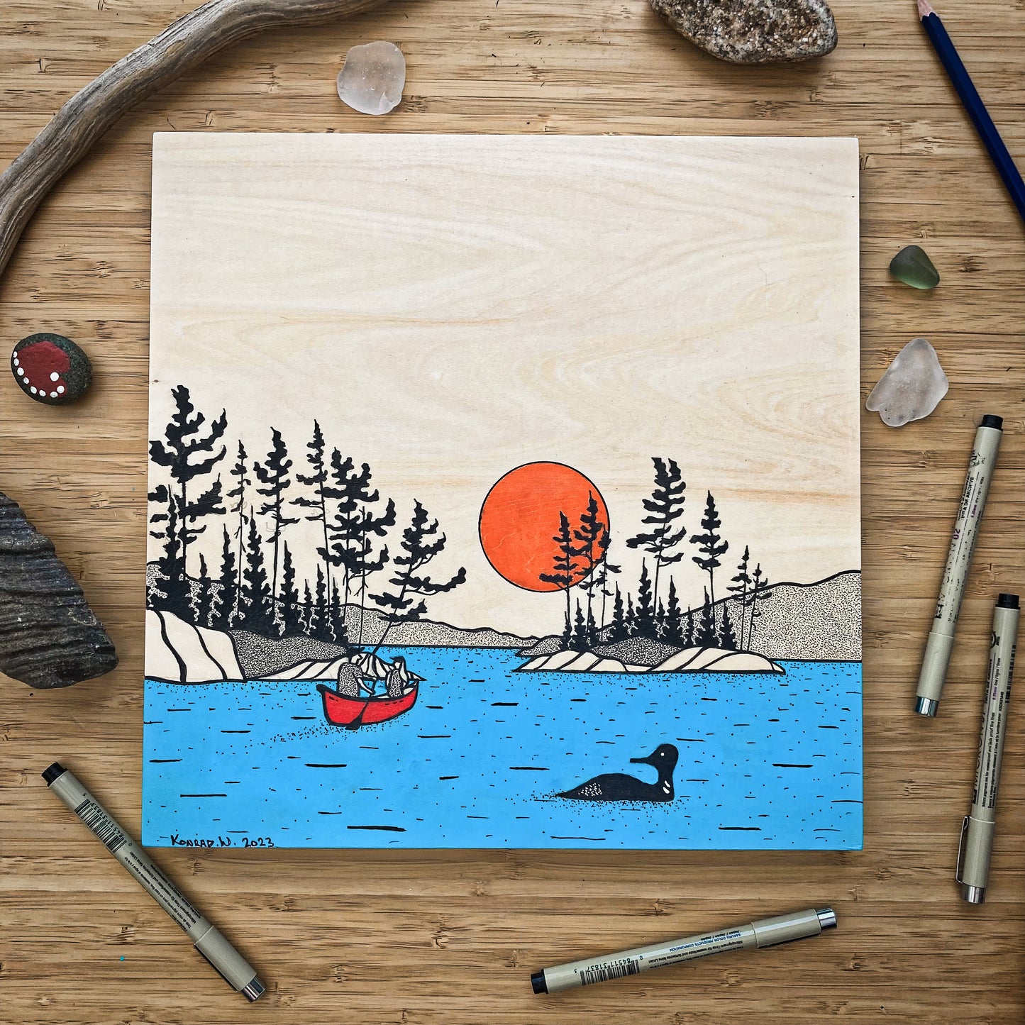 Paddling in the North - ORIGINAL 12x12 Wood Panel Illustration