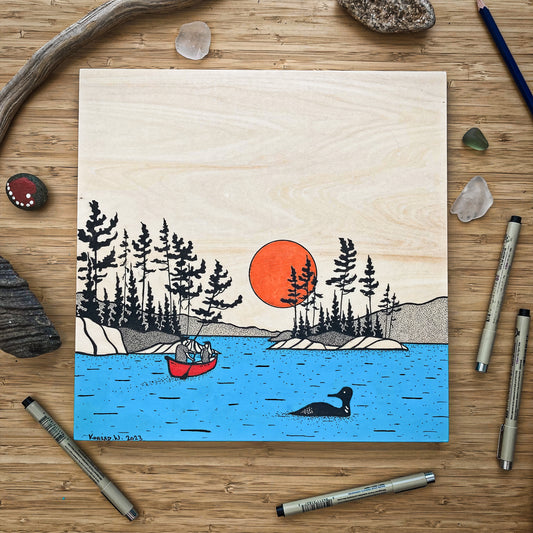 Paddling in the North - ORIGINAL 12x12 Wood Panel Illustration
