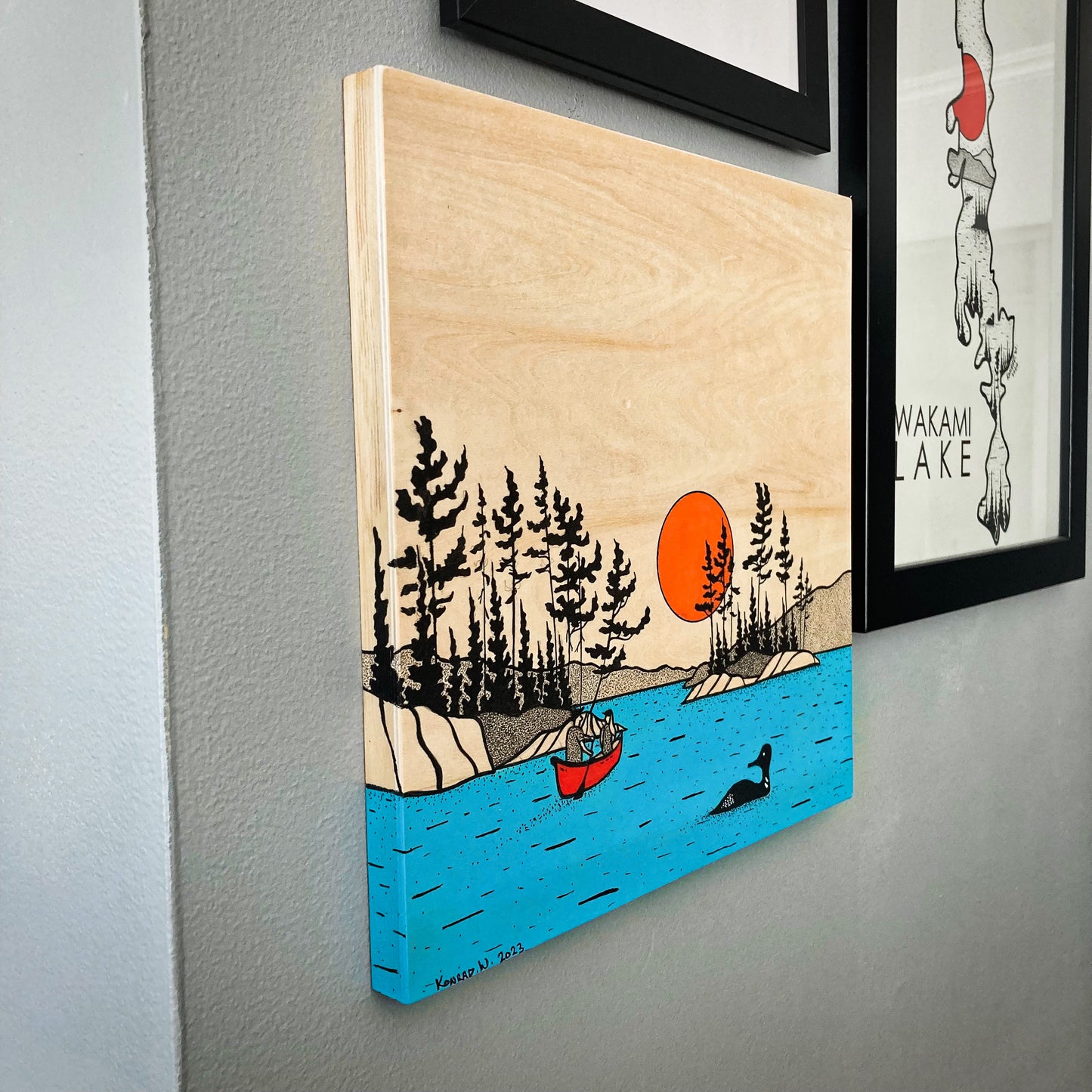 Paddling in the North - ORIGINAL 12x12 Wood Panel Illustration