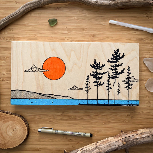 Pine Shore Panorama - ORIGINAL 6x12 Wood Panel Illustration