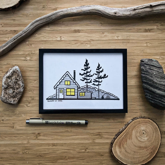 Winter Cabin - Pen and Ink PRINT