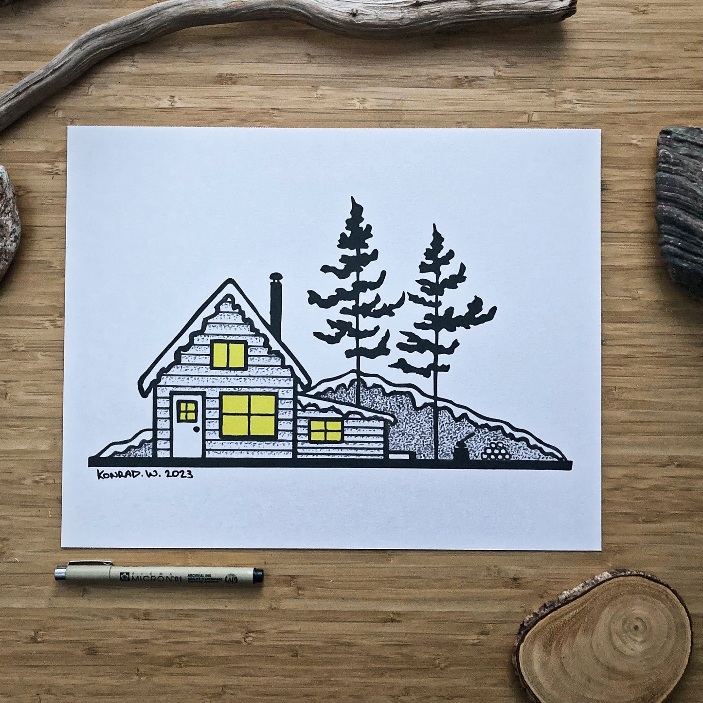 Winter Cabin - Pen and Ink PRINT