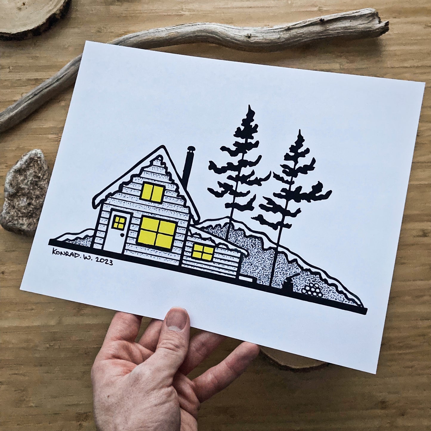 Winter Cabin - Pen and Ink PRINT