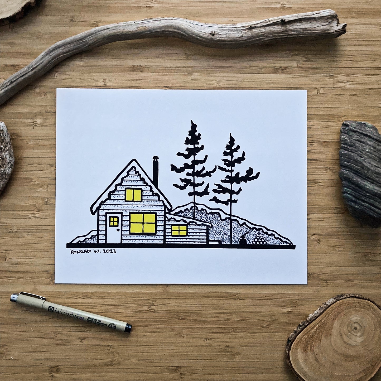 Winter Cabin - Pen and Ink PRINT