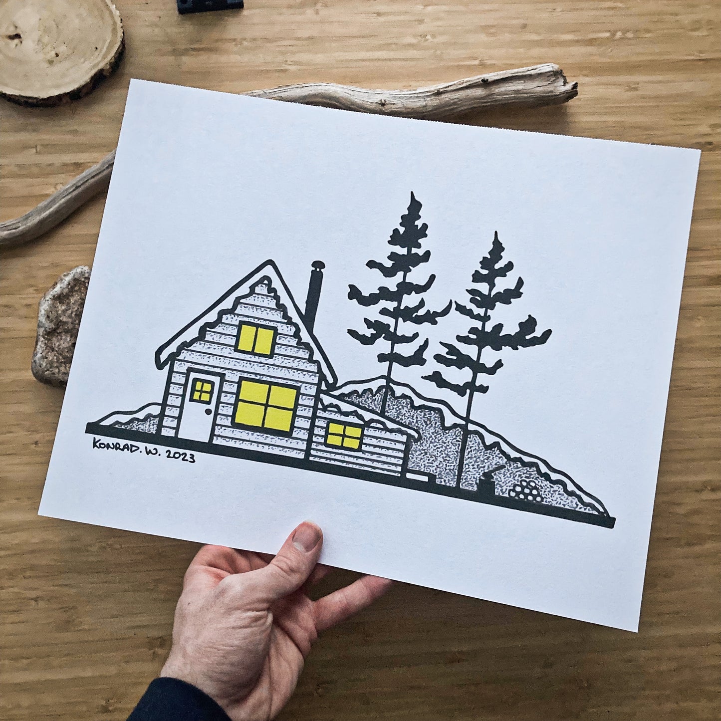 Winter Cabin - Pen and Ink PRINT