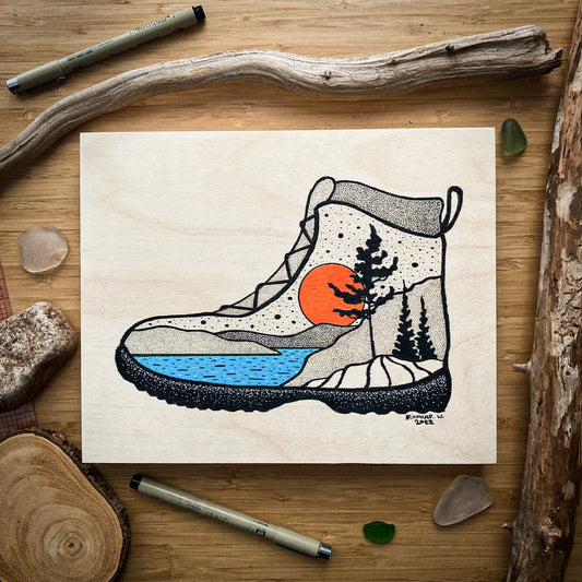 Hiking Boot - ORIGINAL 8x10 Wood Panel Illustration