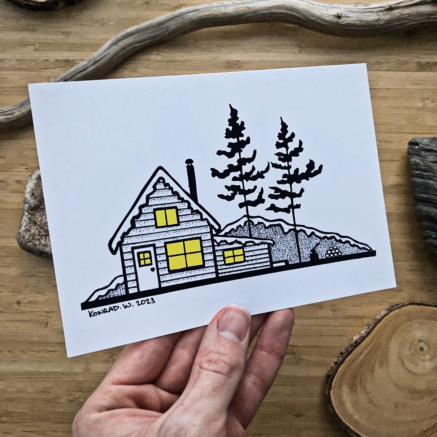 Winter Cabin - Pen and Ink PRINT