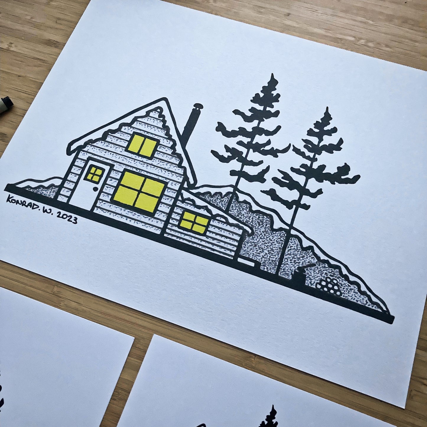 Winter Cabin - Pen and Ink PRINT
