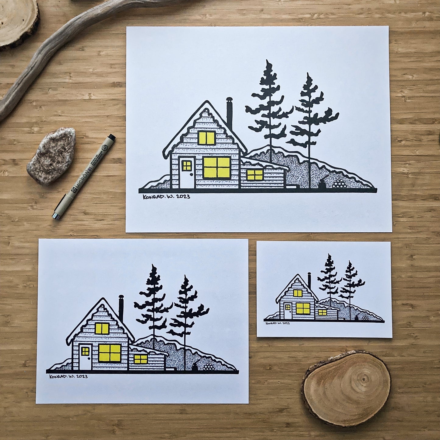 Winter Cabin - Pen and Ink PRINT