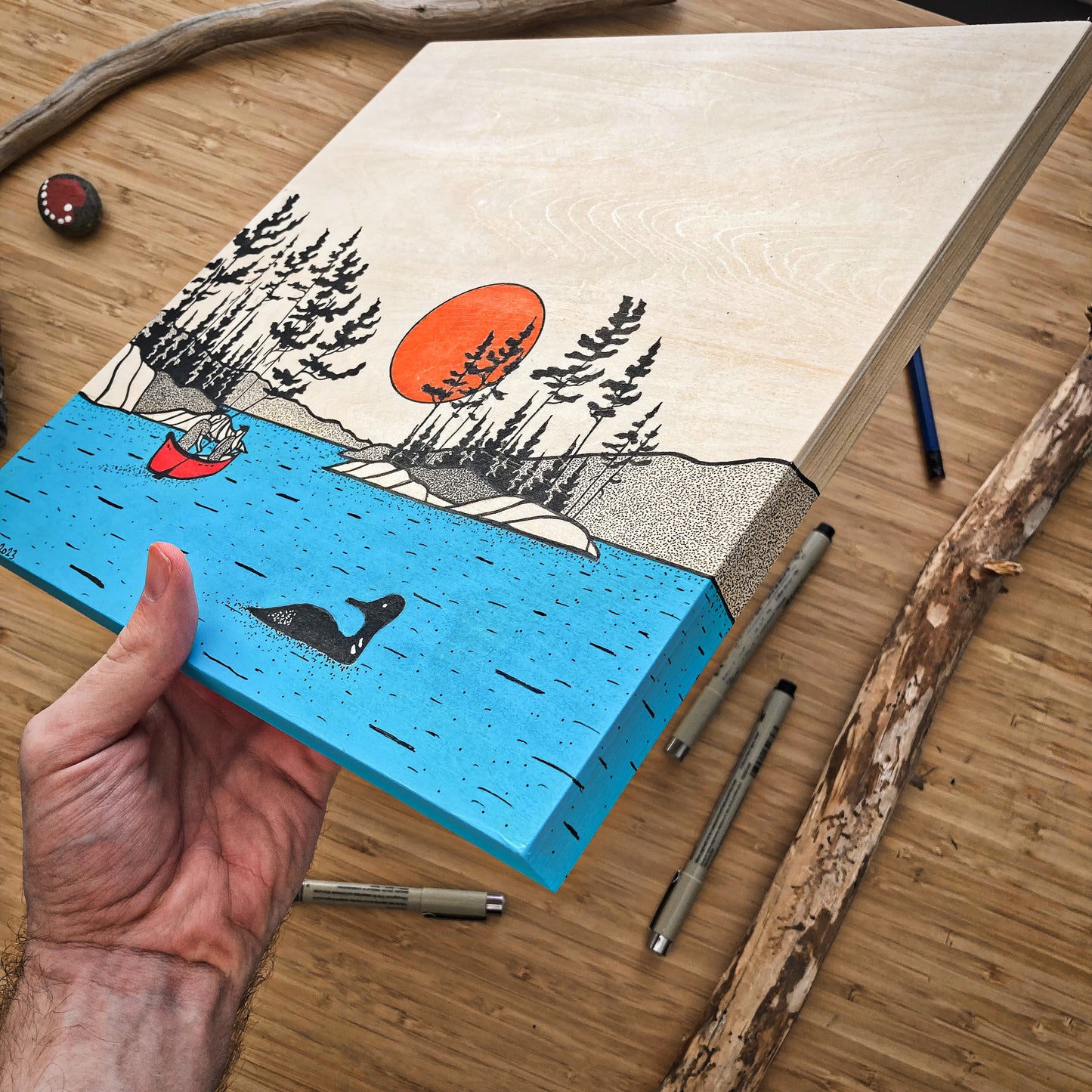 Paddling in the North - ORIGINAL 12x12 Wood Panel Illustration