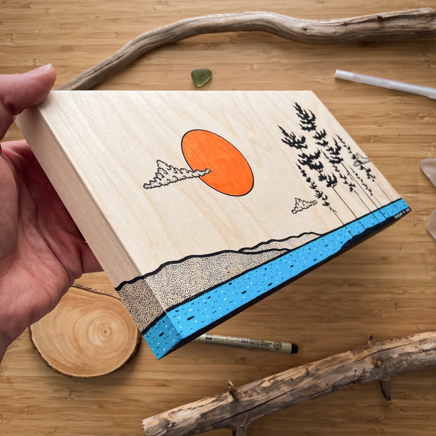 Pine Shore Panorama - ORIGINAL 6x12 Wood Panel Illustration