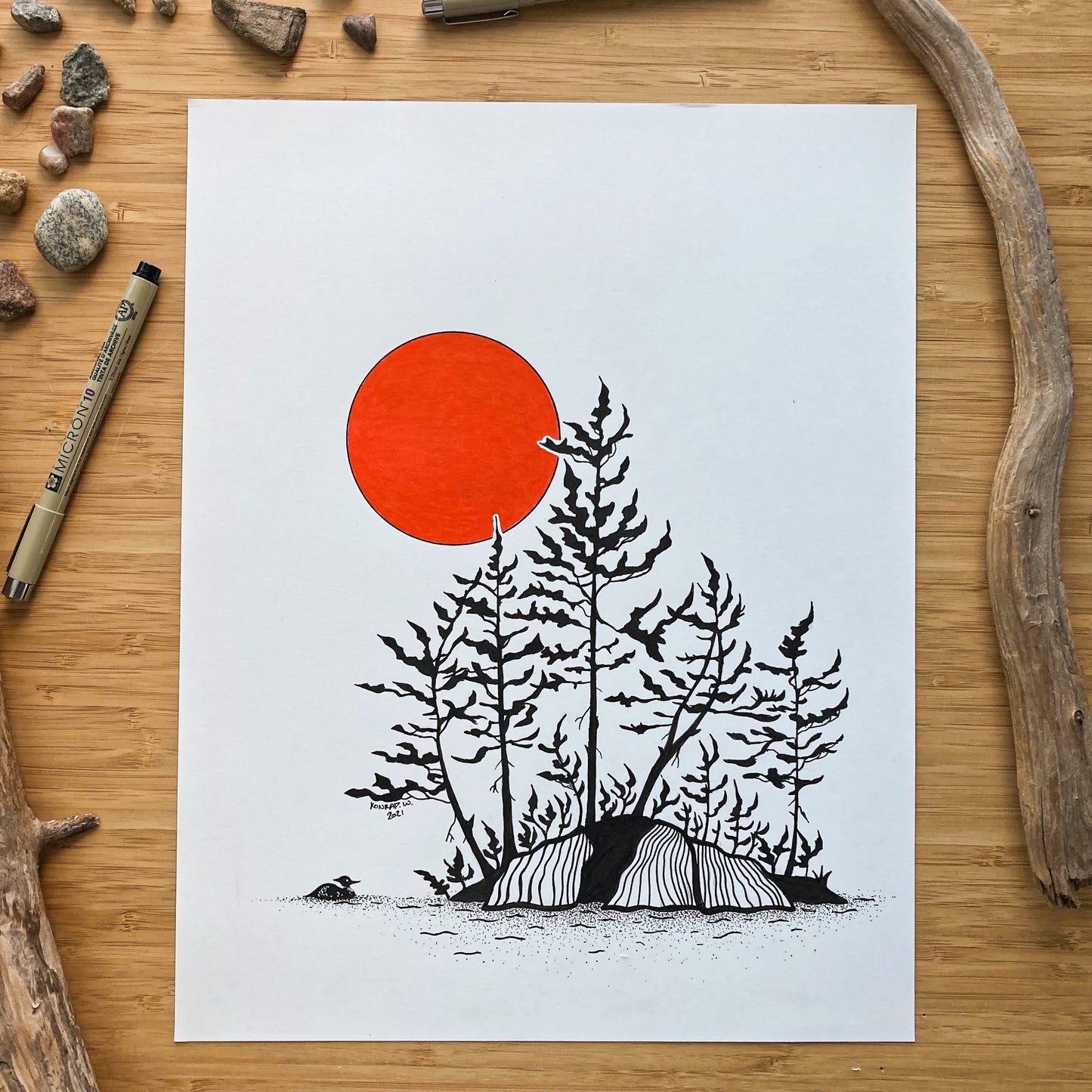 Red Sun Island - 11x14 ORIGINAL Pen and Ink Illustration