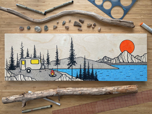 The Perfect Campsite Doesn’t Exisit- ORIGINAL 8x24 Wood Panel Illustration