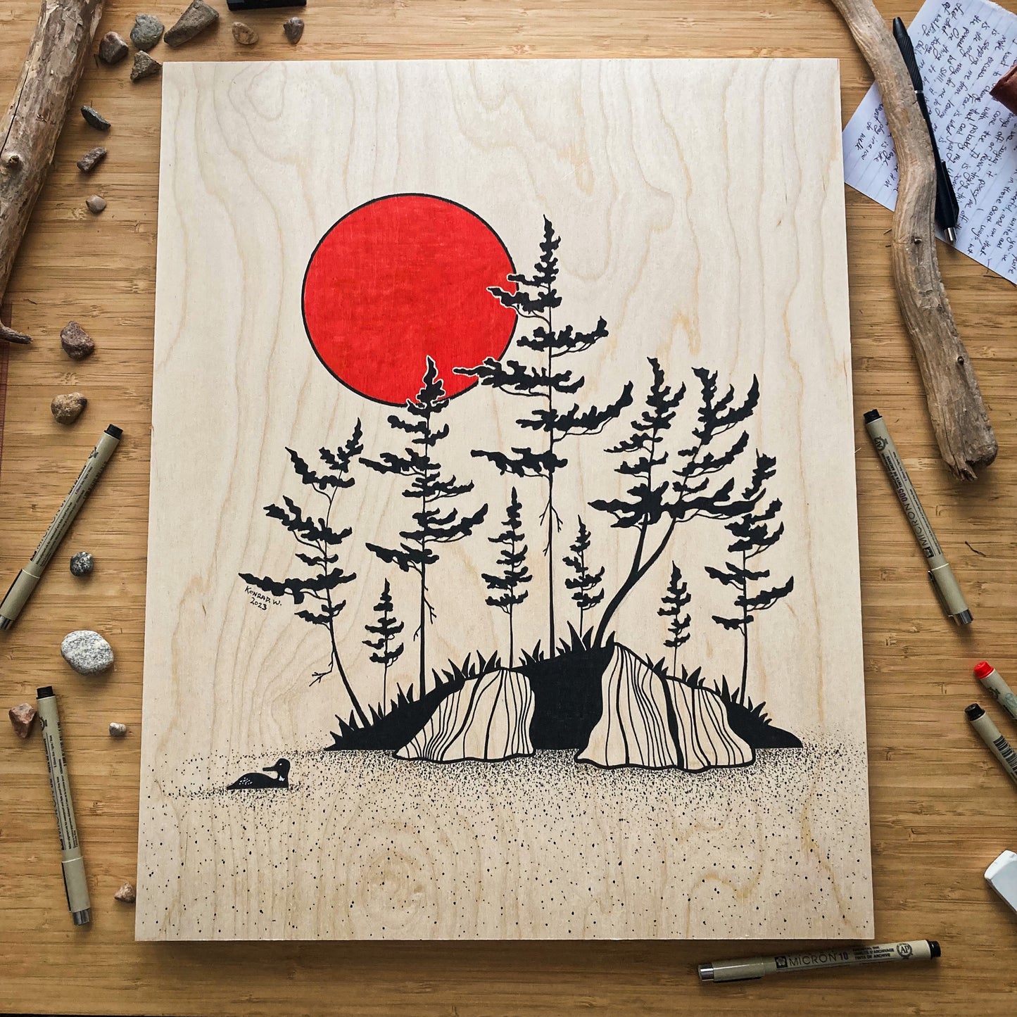 Red Sun Island - ORIGINAL 16x20 Wood Panel Illustration