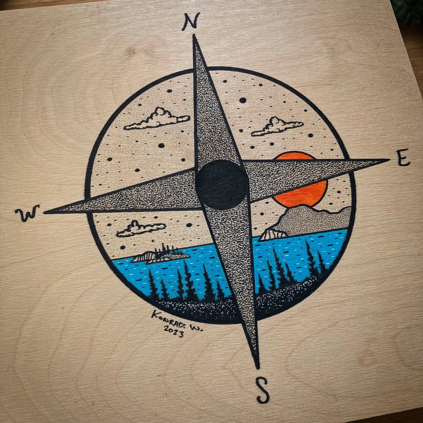 Compass Rose - ORIGINAL 12x12 Wood Panel Illustration