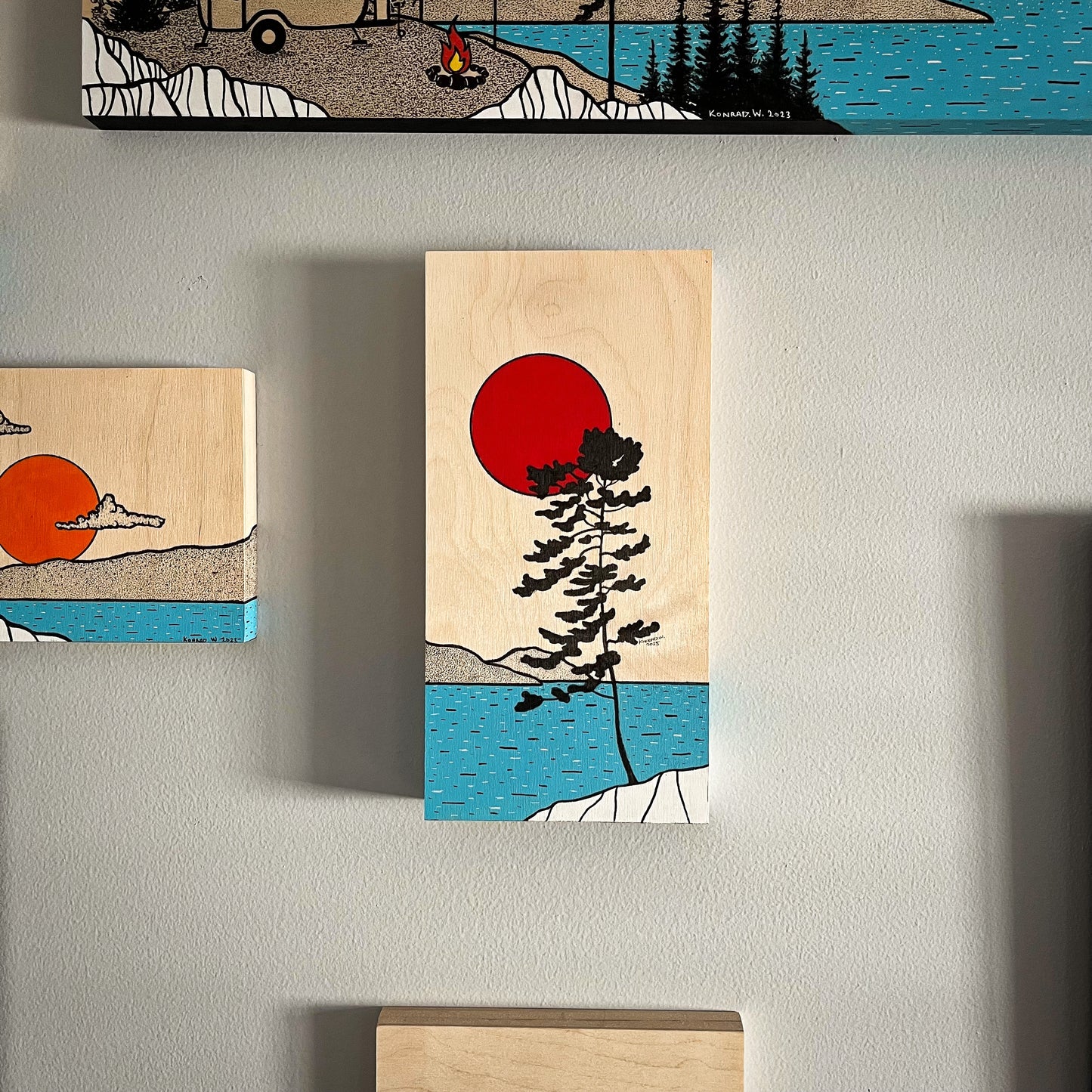 The Red Moon Pine - ORIGINAL 6x16 Wood Panel Illustration