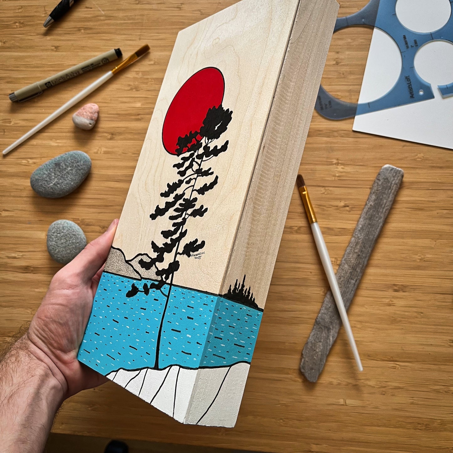 The Red Moon Pine - ORIGINAL 6x16 Wood Panel Illustration