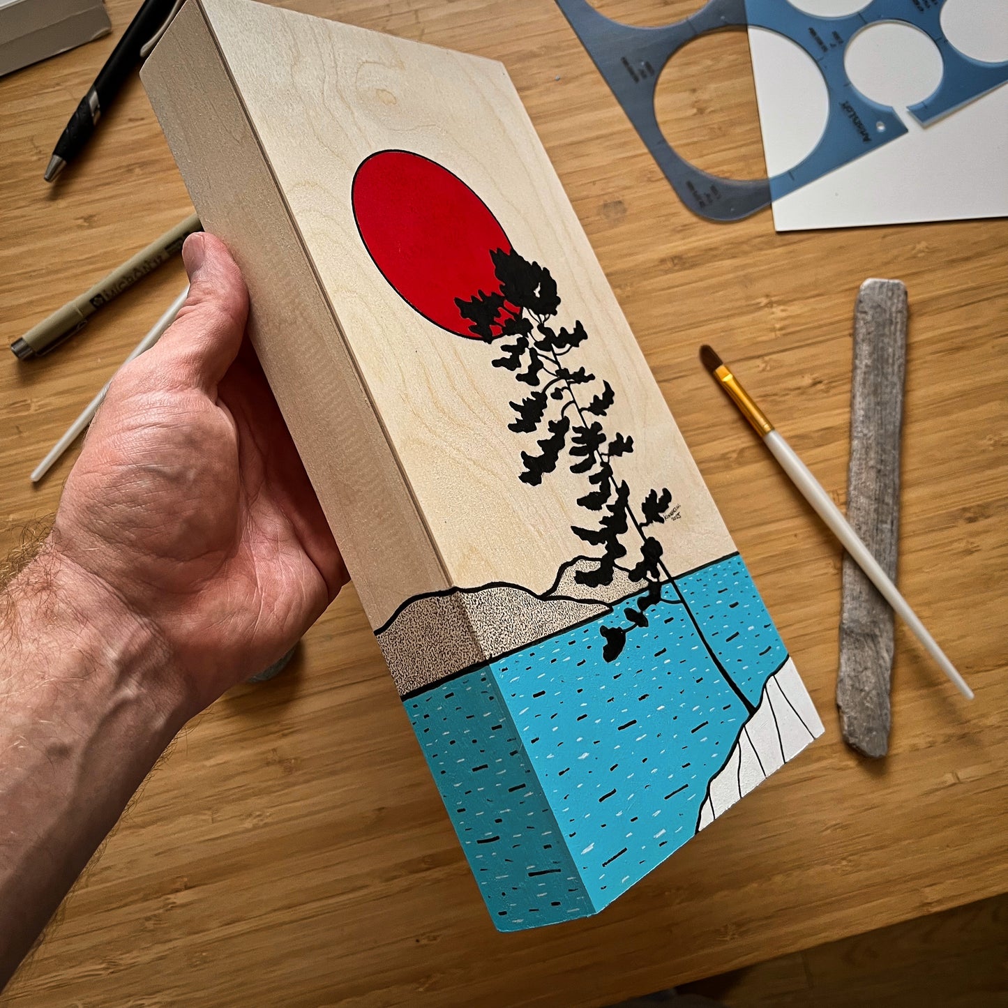 The Red Moon Pine - ORIGINAL 6x16 Wood Panel Illustration