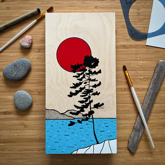 The Red Moon Pine - ORIGINAL 6x16 Wood Panel Illustration