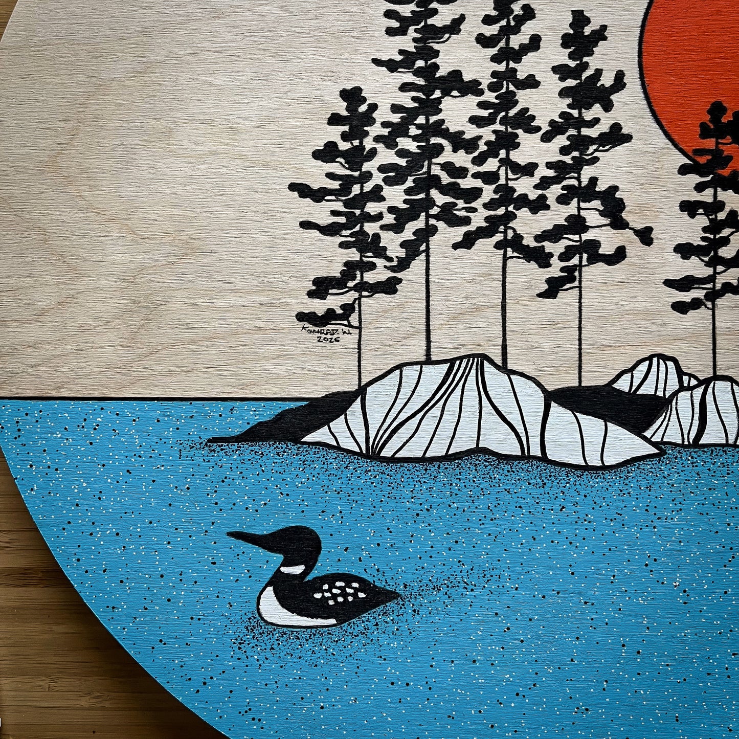 The Loon Around - ORIGINAL 18 inch Round Wood Panel Illustration