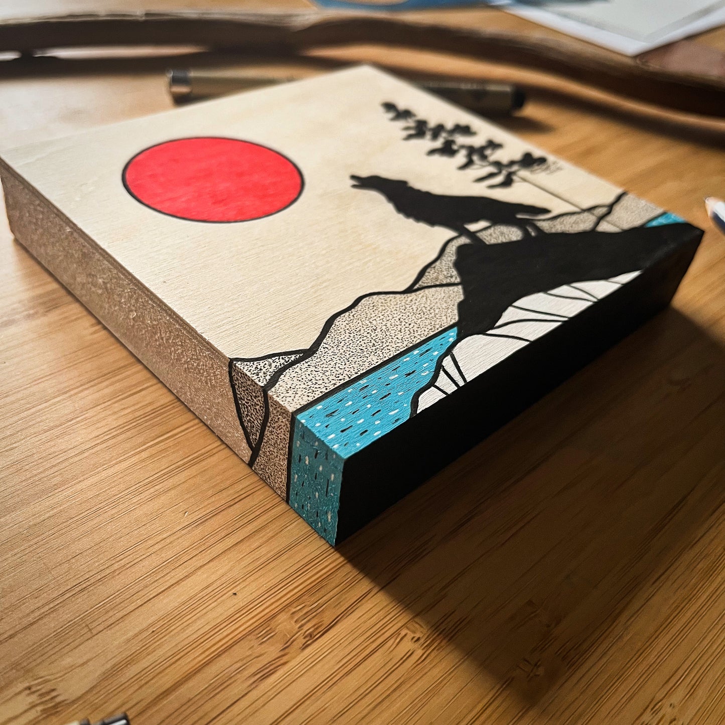 The Wolf Howl - ORIGINAL 5x5 Wood Panel Illustration