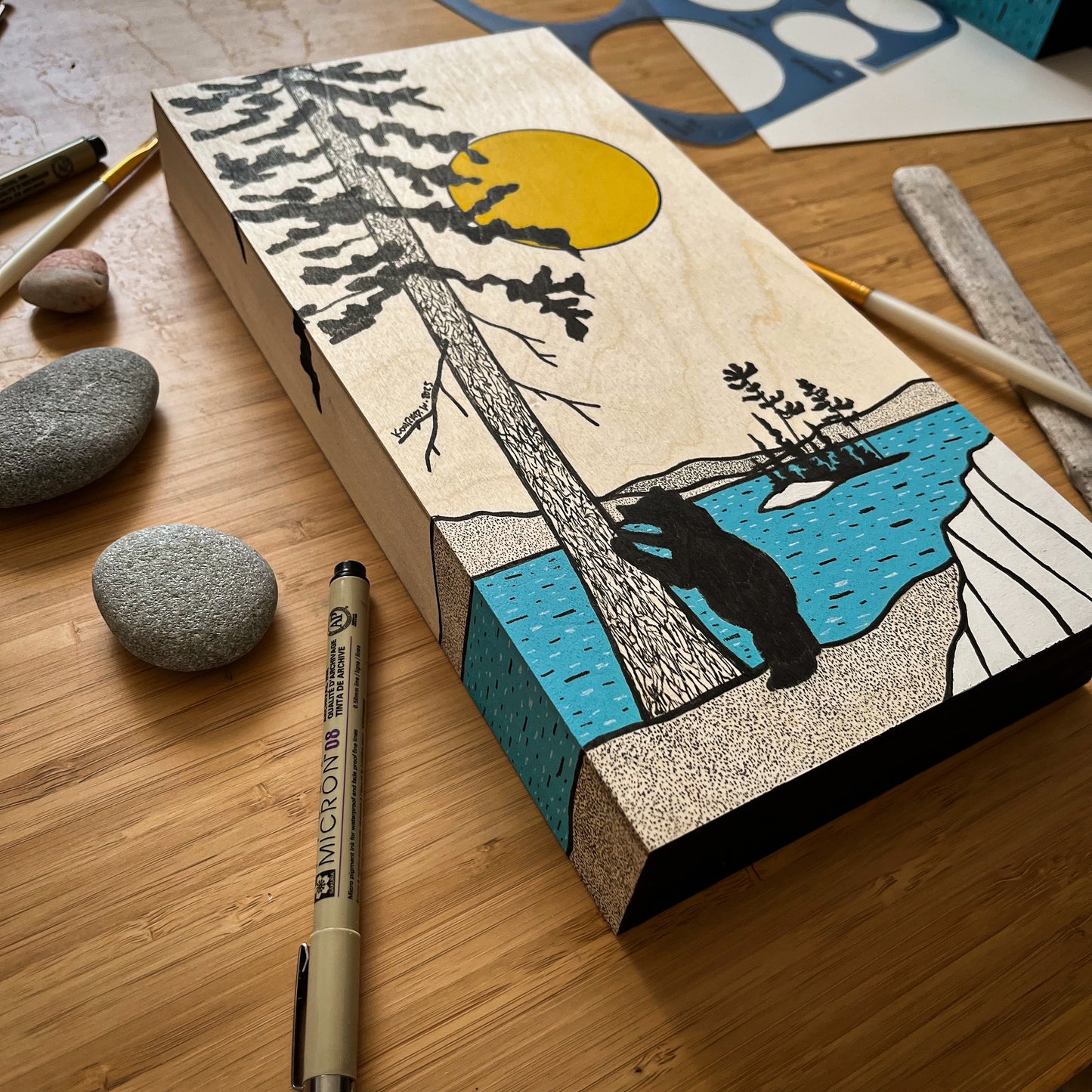 The Curious Bear - ORIGINAL 6x16 Wood Panel Illustration