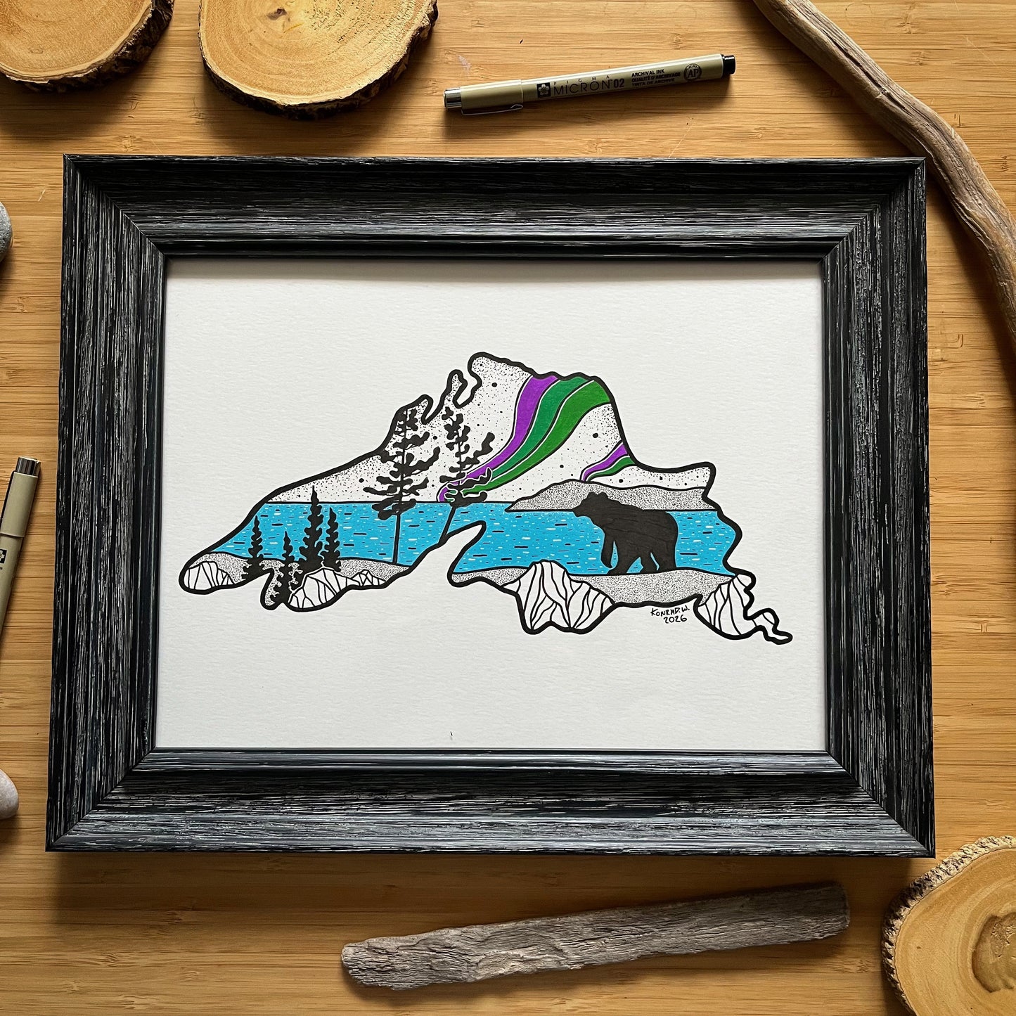 Lake Superior Aurora Borealis - ORIGINAL 9x12 Framed Illustration