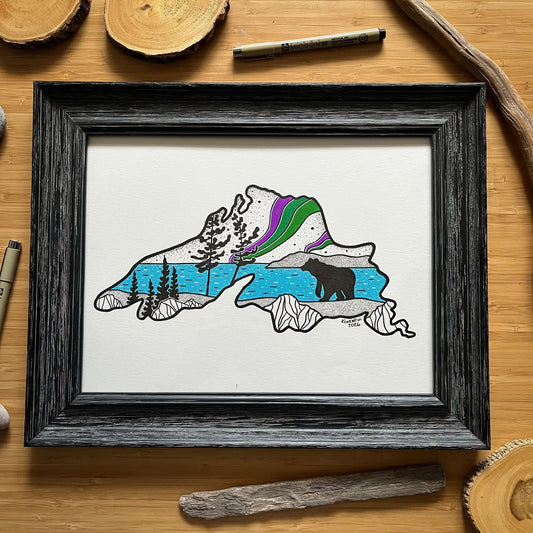 Lake Superior Aurora Borealis - ORIGINAL 9x12 Framed Illustration