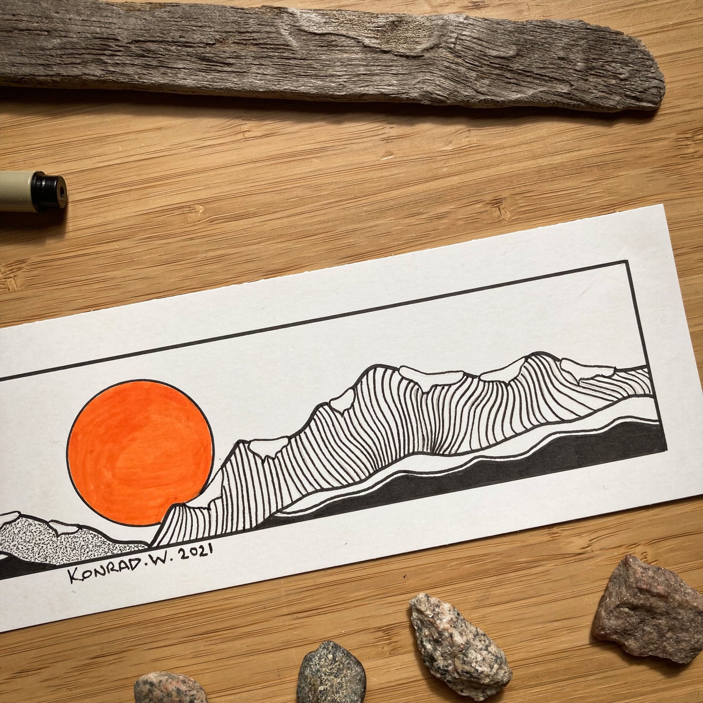 Snowy Mountains Panorama - ORIGINAL 11x3 Pen and Ink Illustration