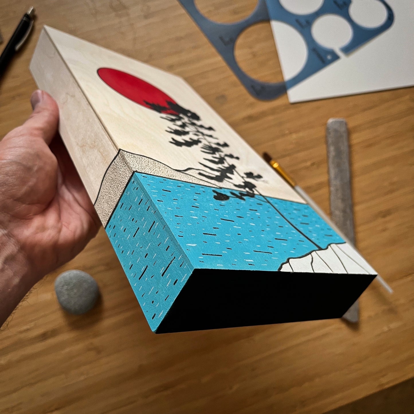 The Red Moon Pine - ORIGINAL 6x16 Wood Panel Illustration