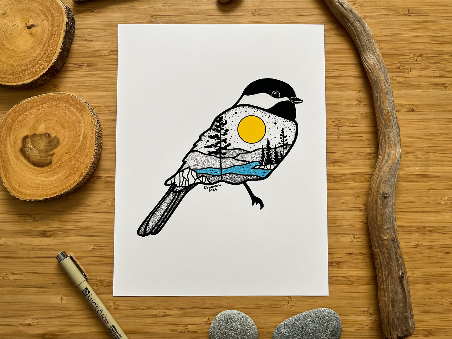 Black Capped Chickadee - Pen and Ink PRINT
