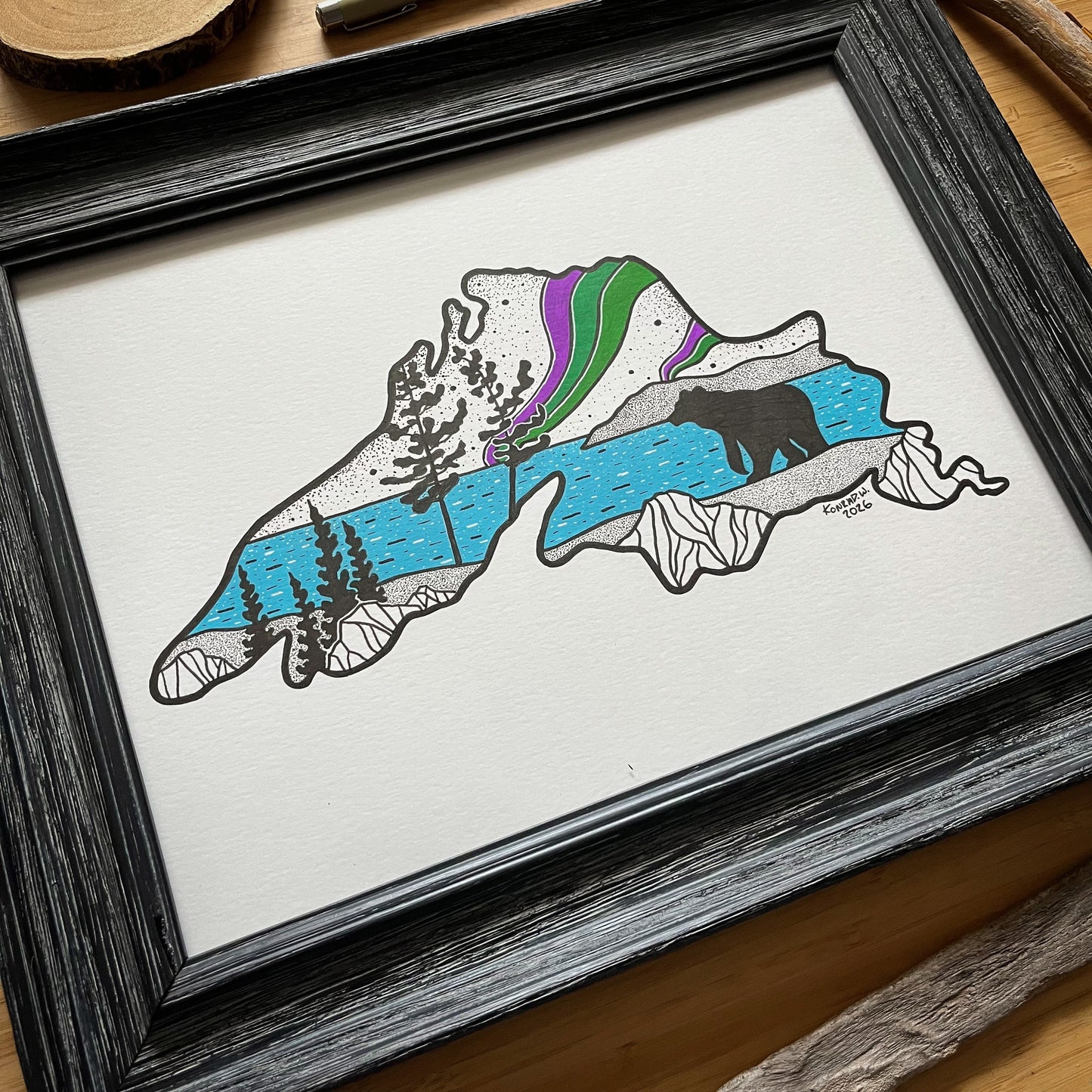 Lake Superior Aurora Borealis - ORIGINAL 9x12 Framed Illustration
