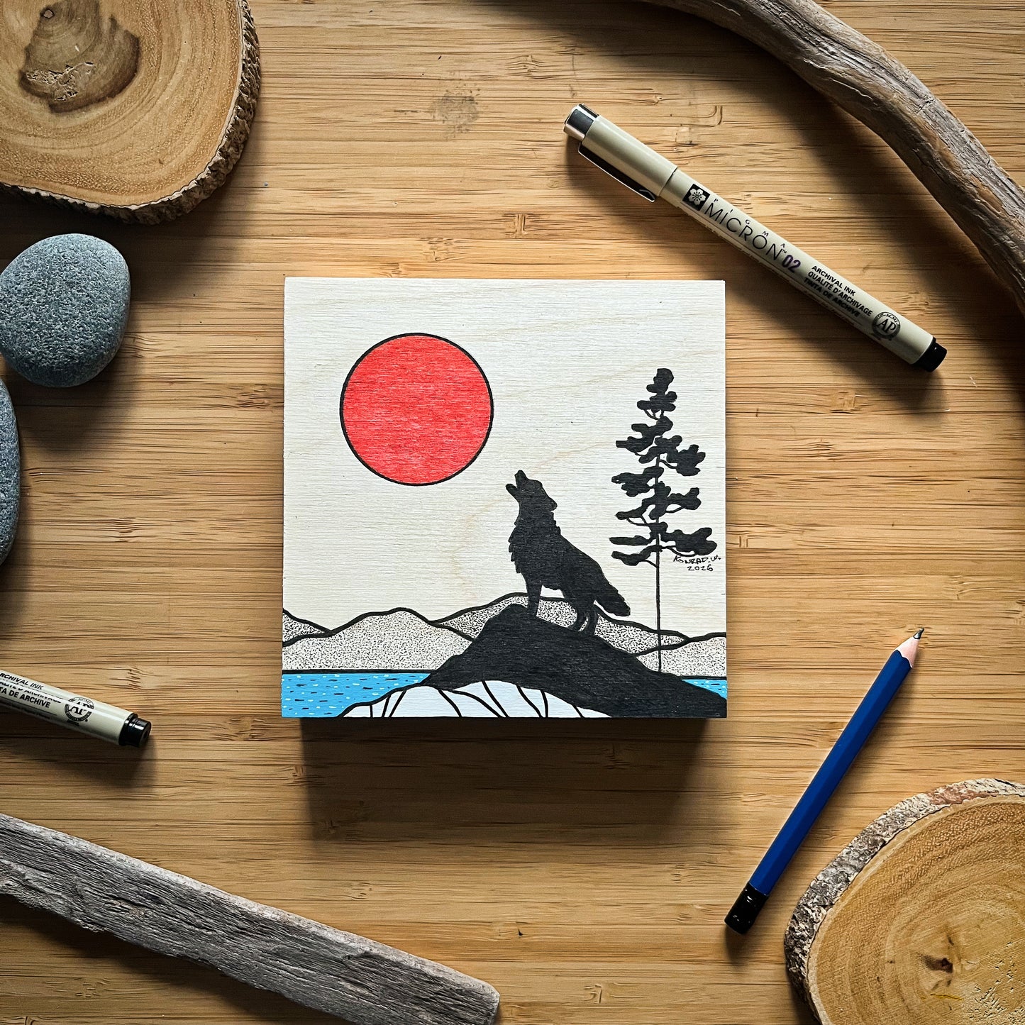The Wolf Howl - ORIGINAL 5x5 Wood Panel Illustration