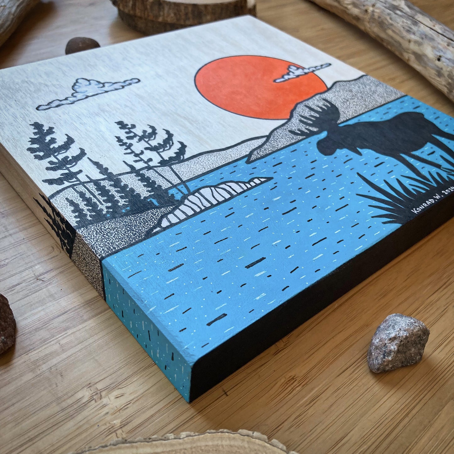 Moose By The Lake - ORIGINAL 8x8 Wood Panel Illustration