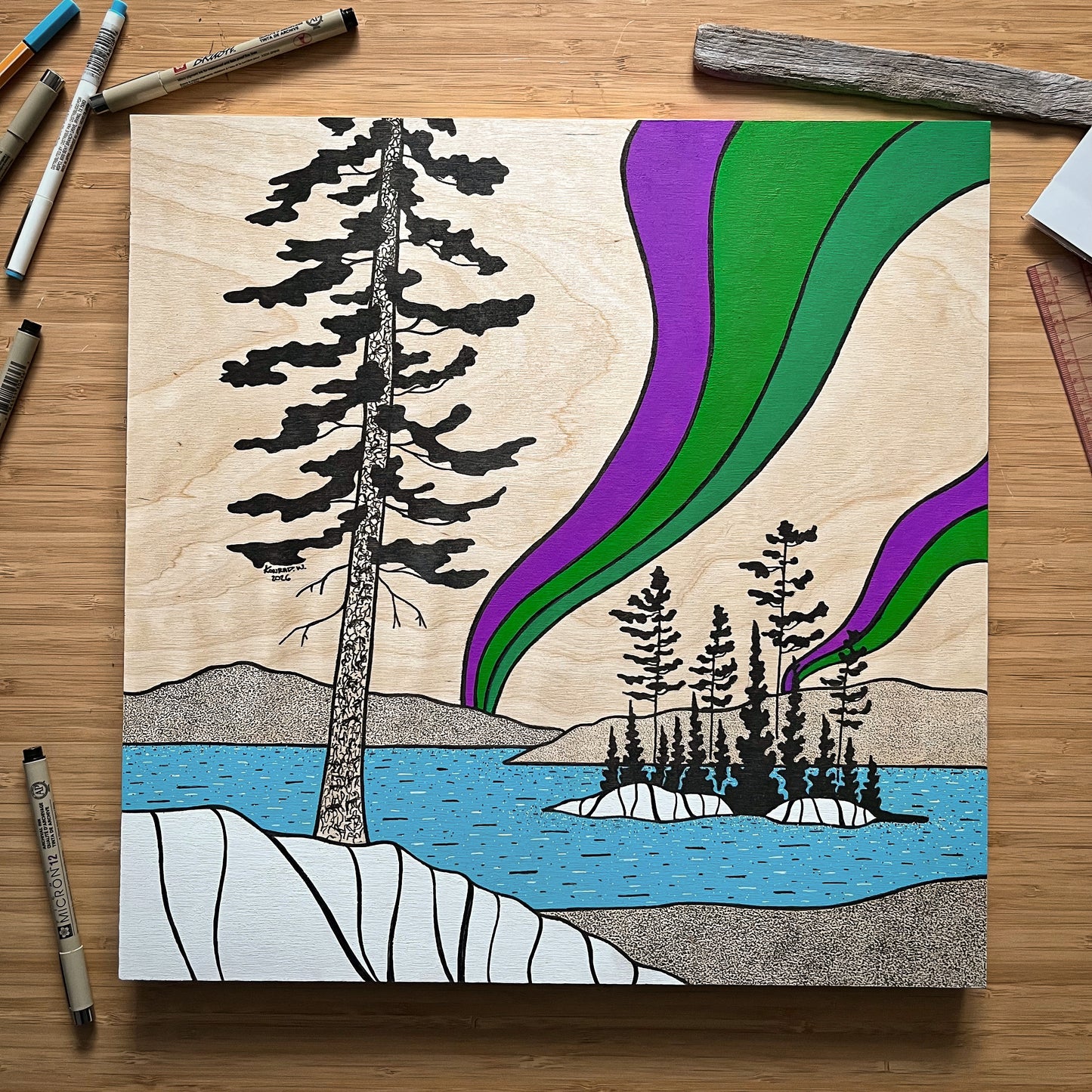 Algoma Aurora - ORIGINAL 16x16 Wood Panel Illustration